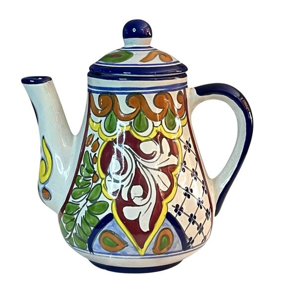 Tall Talavera Hand Painted Ceramic Coffee Tea Pot w Lid Mexican Floral Pottery - Picture 1 of 12